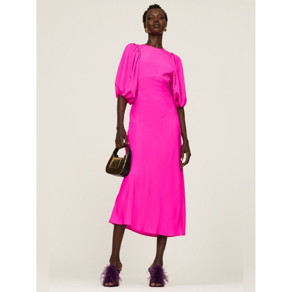 Pink Puff-Sleeve Midi Dress